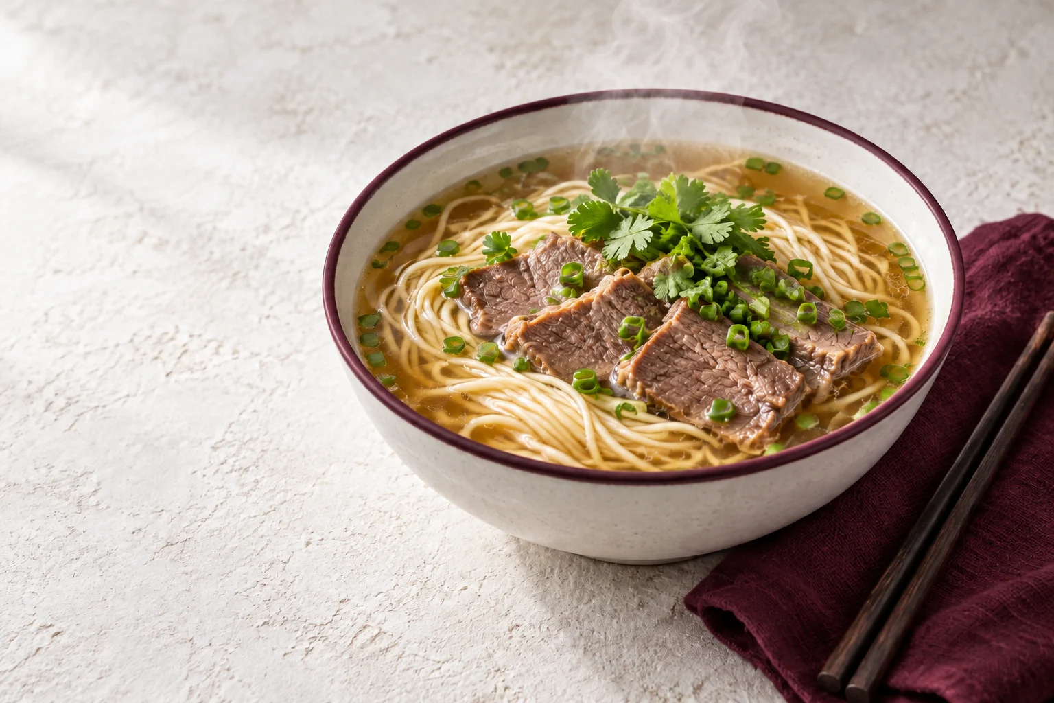 Soupe de nouilles au bœuf dans un bol au liseré prune
