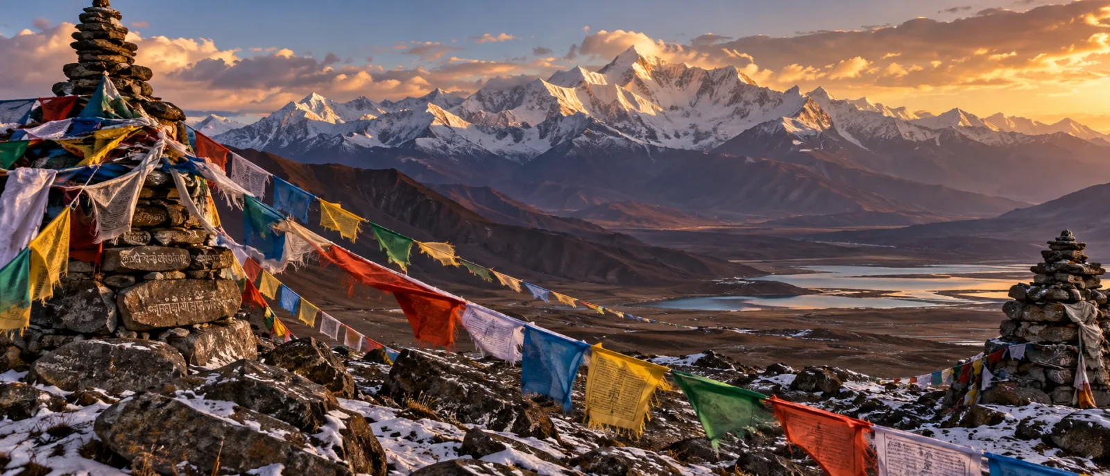 Drapeaux de prière flottant au-dessus d’un col himalayen